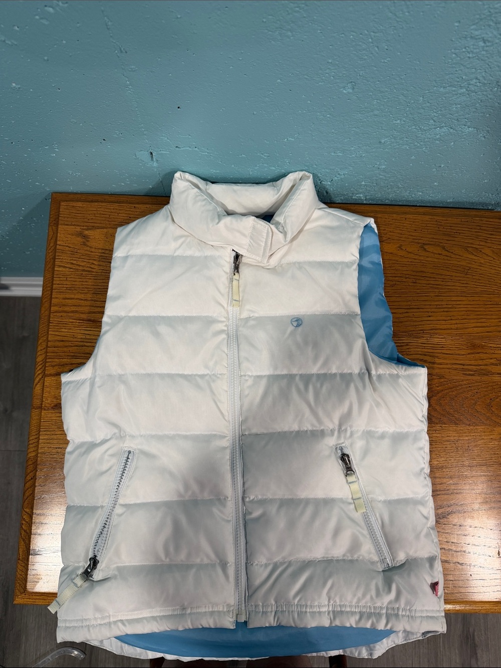 Duck Head White Quilted Puffer Vest with Light Blue Lining